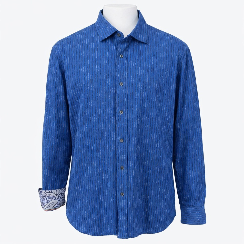 Robert Graham Mens XXL Blue Striped Button Down Shirt Contrast Cuffs Cotton - Picture 1 of 16